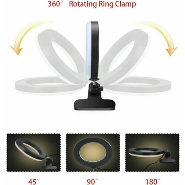Ringljus med klämma, 6 tum LED-videokonferensljus, 3 färglägen, 11 ljusstyrkenivåer för YouTube-video, porträtt, vlog, bärbar dator/skärm