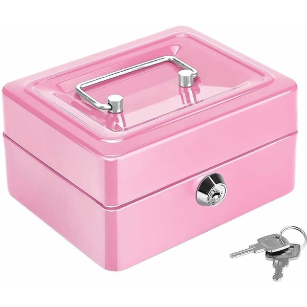 Låsbar stålsikkerhetsboks, Mini bærbar sikkerhetsboks, Mini bærbar stålsikkerhetssafe, med 2 nøkler, for bulkpenger, mynter (rosa)