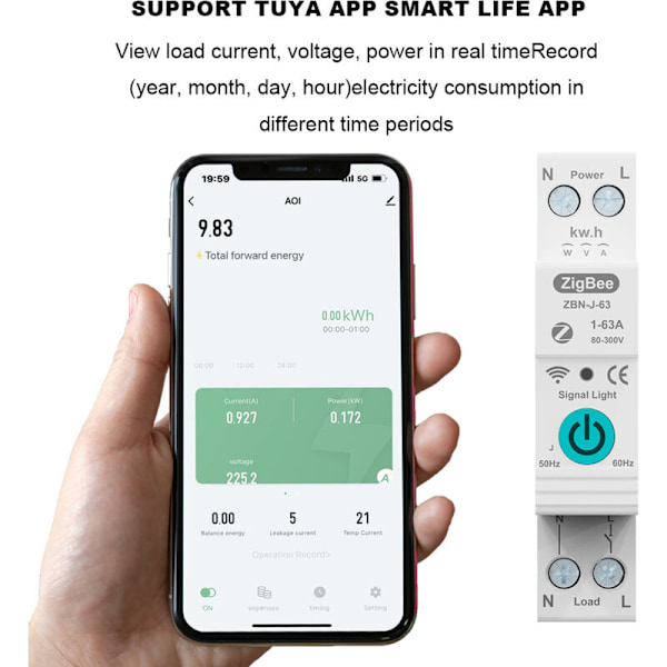 WiFi DIN-skena Smart Energimätare 1P 63a Corner Crossfier WiFi Intelligent WiFi Multiple WiFi Domestic Circuitor, strömbrytare ansluten via Tuya-appen
