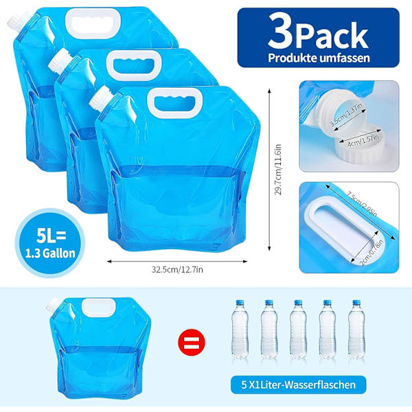 3-pack hopfällbara vattenbehållare, 5L hopfällbar vattenpåse, vattenbehållare bärbar vattenblåsa, hopfällbar vattentank för camping vandring picknick,