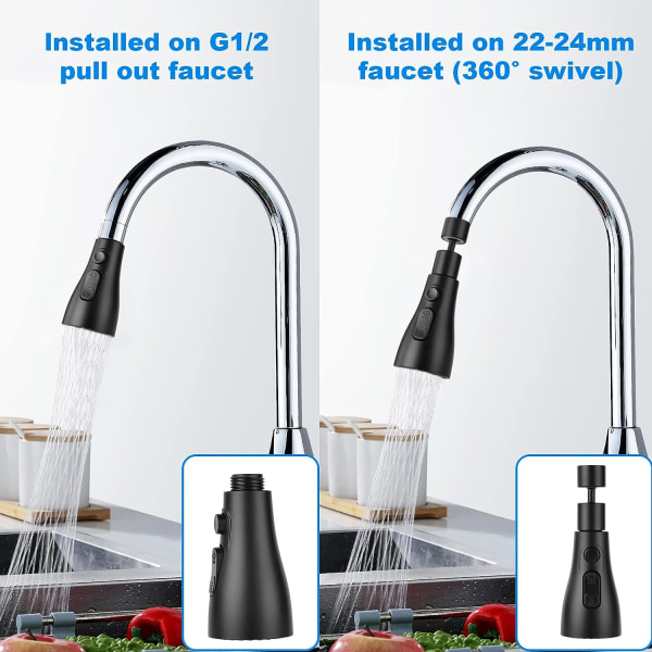 Kjøkkenvask Sprayer 360 grader svart armatur, 3 moduser Kjøkken Fa