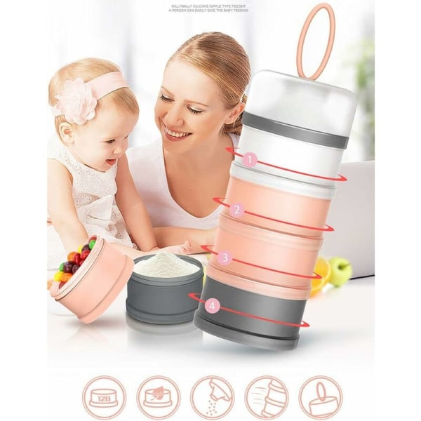 Bærbar melkepulverdispenser for baby, stable kasser, 4 lag korn/mat/frukt/snacksbeholder amming (rosa)