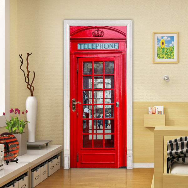 3D dørvægmaleri Telefonboks 77 x 200 cm, Kontorkunstdørklistermærker til indvendige døre, Soveværelse Stue Badeværelse Husdekoration