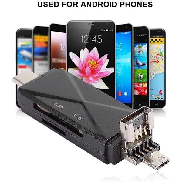 Type C-kortlæser, USB 2.0 5 i 1 OTG-multikortlæserkonverter, understøtter TF-kort/SD-hukommelseskortgrænseflade til bærbar computer, smartphone (sort)