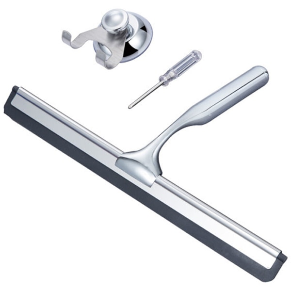 Duschskrapa i rostfritt stål med solid sugpropp för badrum, kök, spegel, bil, fönster och glas, 25,5 cm, silver.