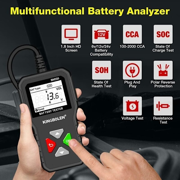6V 12V 24V AUTO Batteritester, BM550 100-2000 CCA 2-200Ah Automotive Alternator Tester Digital Batterianalysator for Bil/Lastebil/Motorsykkel/ATV/SUV/Båt/