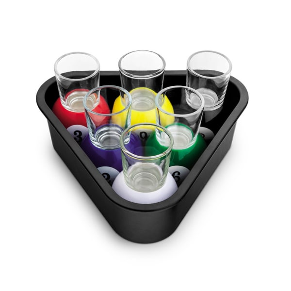 6 Poolbollar Shotglas med Triangelställ Serveringsbricka - Bord Biljard Nyhet Drickspel Rum Hem Bar Set