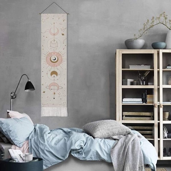 Bohemisk Tapestry, 32,5 x 130 cm Mån-Tapestry, Väggbonad, Månfas och Konstellationsmönster, med Hängande Stång, Snöre och Krok, för Livi