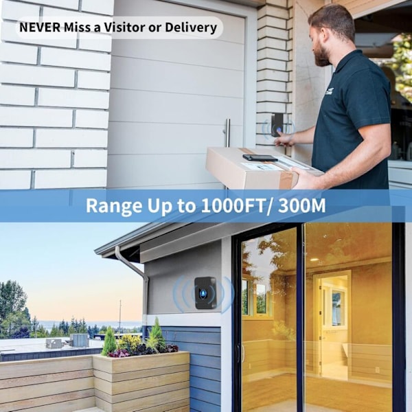 Nestling trådlös dörrklocka, mini ip55 vattentät carillon ip55 dörr Elektronisk kit räckvidd 300m, 55 melodier med 5 volymnivåer, blå LED för hus
