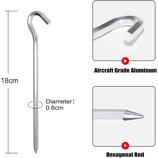 14 stk teltplugger, 18 cm metall teltkroker, lette teltplugger i aluminiumslegering, harde gulvplugger, hageplugger for campingturer