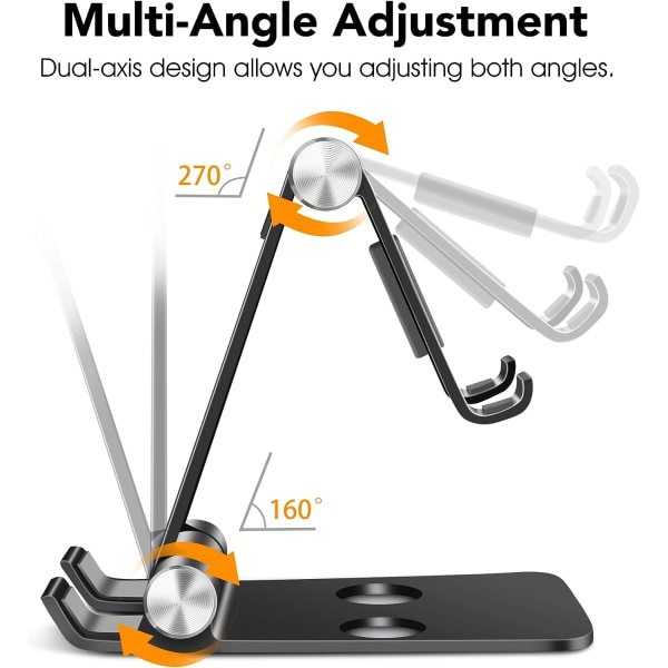Säädettävä ja taitettava matkapuhelinteline - iPhone Xs Maxille, Xs:lle, XR:lle, X:lle, 8:lle, 7:lle, 6 Plus:lle, iPad Air 2:lle, 3:lle, 4:lle, Mini 2:lle, 3:lle, 4:lle ja 4-12,9 tuuman laitteille - Musta