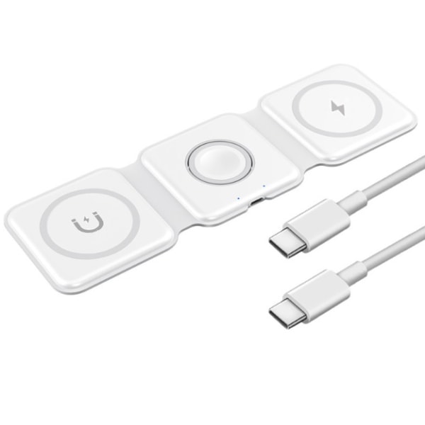 Hvit sammenleggbar iPhone trådløs ladepute, 3 i 1 kompakt ledning