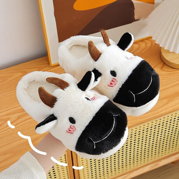 Söpöt lehmäslipperit, liukumattomat kotitossut, mukavat ja lämpimät tossut, kawaii-tossut, valkoiset/mustat pehmeäpohjaiset rento tossut lapsille