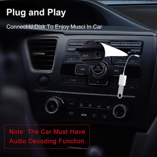 AUX til USB-adapter 3,5 mm han-stik Aux-lyd til USB 2.0 hun-konverterkabel Konverterkabel til bil Hvid 2-pak af Oxsubor (Car Decode Func