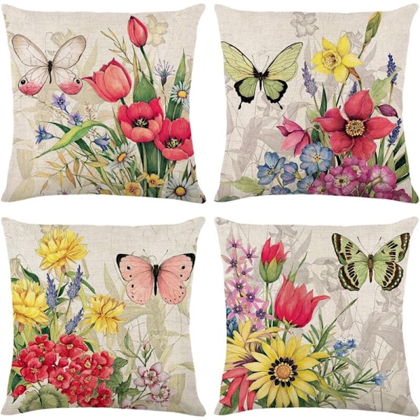 Sett med 4 putetrekk dekorative putetrekk sofaputer for soverom, sofa, stol, seng, hage (blomst)