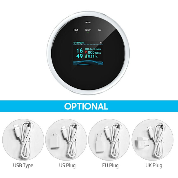 WiFi gasläckagedetektor och LCD väggalarm väggapp intelligent Wi-Fi naturgastestare/LPG-alarm Summer för hem skrivbord (EU)