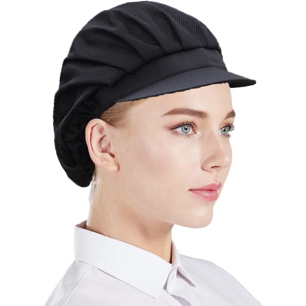 Sæt med 3 sorte kokkehatte med net unisex køkkenhatte til arbejde i værksteder, fabrikskøkkener, catering og bagerier.