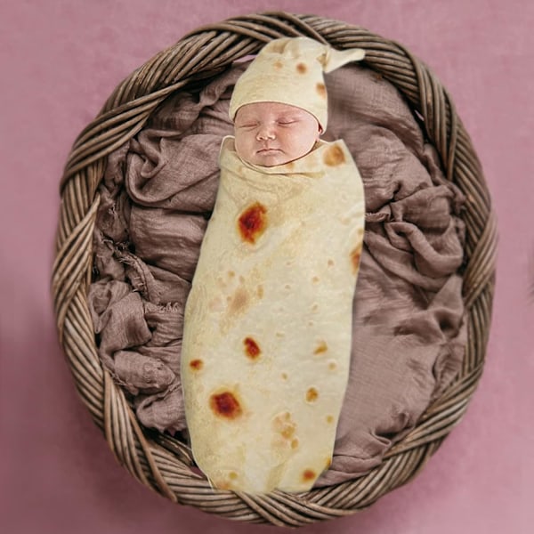 Nyfödd Baby Wrap Burrito Swaddlefilt med Hatt Set, Mjuk Tortilla Mönster Filt Present till Babyshower