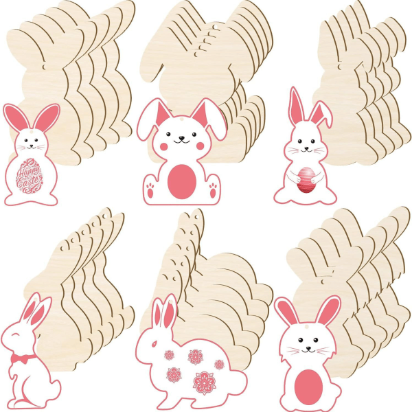 60 st påskträ kanin form skivad hängande prydnadsföremål Hantverksetiketter med hål rep påsk DIY hantverksdekoration Vårfest gunstdekoration