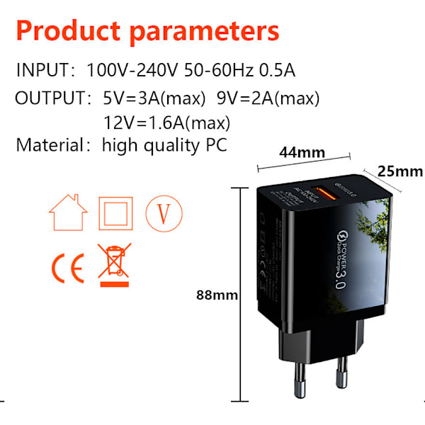 3A QC3.0 Enports USB Mobiltelefon Snabbladdare - EU Svart