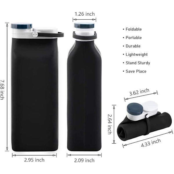 Hopfällbar Vattenflaska, BPA-fri - 590 ml Hopfällbar Vattenflaska för Resor, Sportvattenflaska, Trippel Läcksäker Lättviktig (Svart)