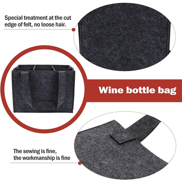 Filtet Flaskepose til 6 Flasker, Filtet Flaskeholder, Flaskekurv med Separat Skillevæg til 6 Flasker, Vinflaskeholder, Ølholder Perfekt til Picnic