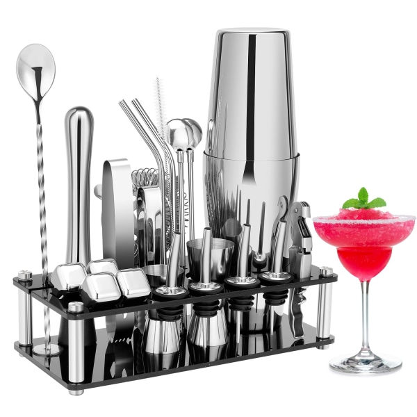 Cocktail Shaker Set, 23-delt Boston rustfritt stål Bartender Kit med akryl stativ  Cocktail Oppskrifter Booklet, Profesjonelle Bar Verktøy for Drink Mi