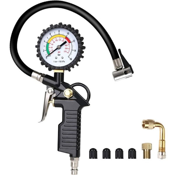 Manometer Däcktryck, digital däcktrycksmätare, tryckmätare med 4 ventilhattar/en fransk luftmunstycksadapter/en 90 graders metallförlängning