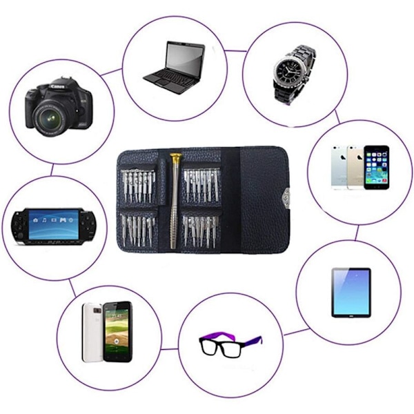 Tourist Precision Mini 25 in 1 ruuvimeisselisarja korjaustyökalut iPhoneen, kannettavaan tietokoneeseen, kelloon, koruihin, leluihin, laseihin jne. nahkakotelolla