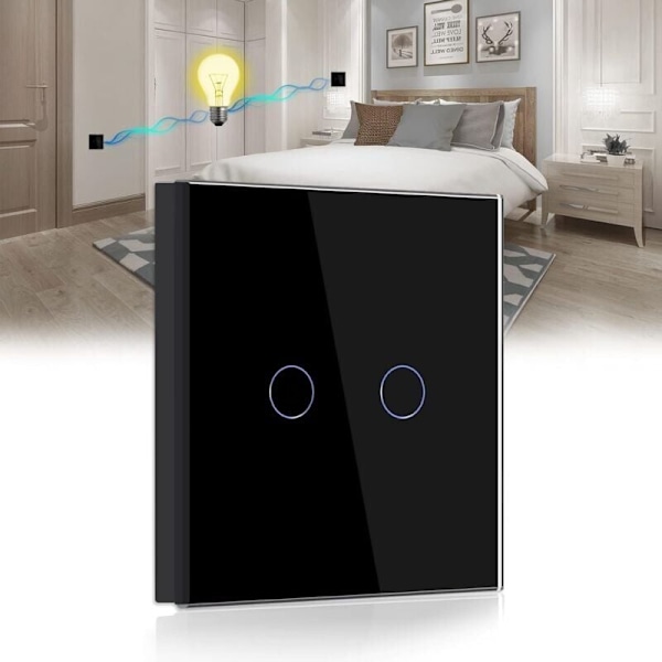 Touch Switch, Svart 2-vägs ljusströmbrytare med 2 knappar och LED-display, Touch Switch med Touch Sensor Kristallglaspanel - Ingen neutral ledning