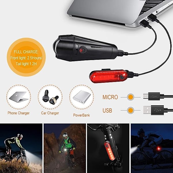 2000mAh, pyörän valo, pyörän etuvalo LED-pyörän valo, ladattava etu- ja takavalo 4 tilaa, erittäin kirkas pyörän valo USB-valaistus iskunkestävä vedenpitävä
