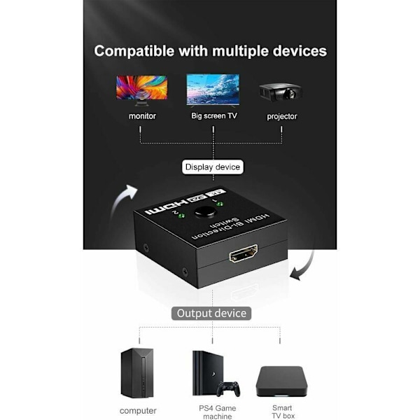 HDMI-switch, HDMI SPLITTER 4K dubbelriktad adapter 2 ingångar 1 utgång eller switch 1 ingång 2 utgångar, 3D 4K 1080p stöd, HDCP, HDMI-switch för HDTV/BL