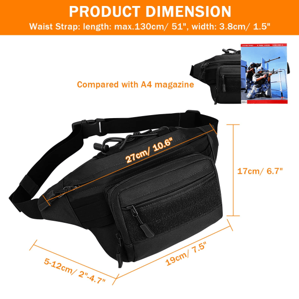 Tactical Sports Waist Bag, Waterproof with Zipper, Suitable for Outdoor Running, Traveling, Hiking, Cycling, Camping and Mountaineering, Black