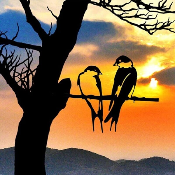 Silhouette Doiseau, 2 fugler på metallgren, kunst hagedekorasjon, svart