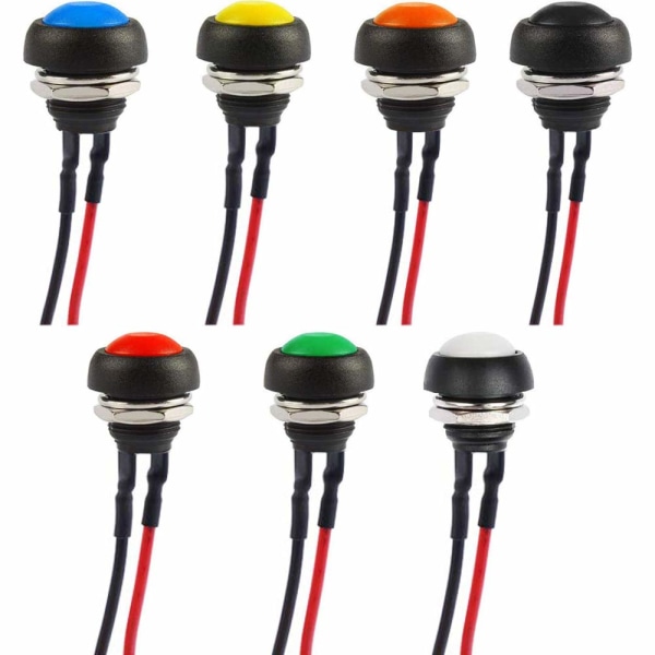 7 st 12 mm vattentät tryckknappsbrytare, mini tryckknappsbrytare, rund tryckknappsbrytare, tryckknappsbrytare 12 V, momentant strömbrytare