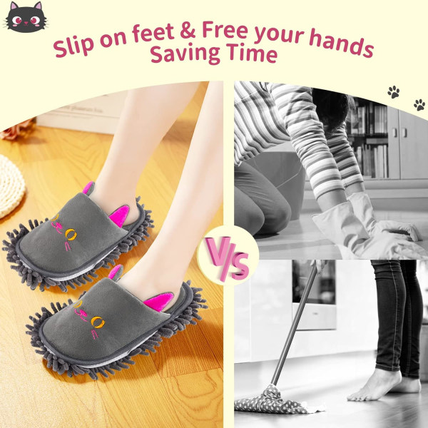 Varme Mikrofiber Tøfler Gulv Støv Snavs Hår Mop Tøfler Sko Skridsikre Mokassiner Soveværelse Hjem (Kat)