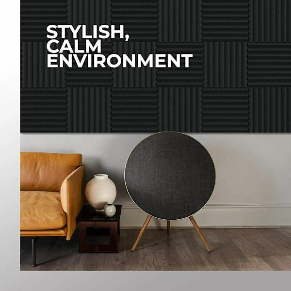 Förpackning med 12 akustikpaneler 10 slitsar 1 x 12 x 12 tum akustisk skumstudio ljudisolering kilar högdensitets brandbeständiga paneler (svart)
