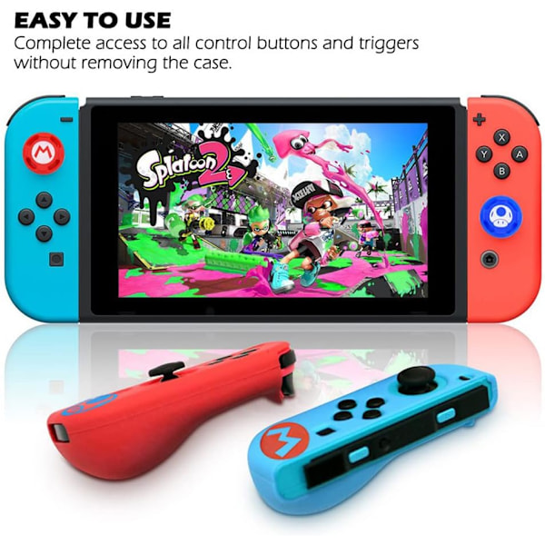 Silikonetui Kompatibel med Nintendo Switch + 2 M Design Tommelfingergrebshætter, Mario Tema Rød Blå Anti-Ridse Sød Anti-Slip Joy-Con Etui