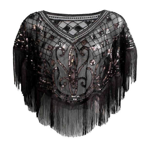 Vintage 1920-talls Kvinners Sequin Mesh Skinnende Buktet Poncho Mesh Brodert Blad Bluse Fest Svart
