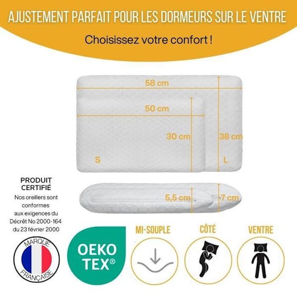 Inphysio® Extra Fladt Pude til mave-sovende - Hypoallergenisk Husrmænds - Anti-Smerte - 50x30x5,5 cm - Hvid
