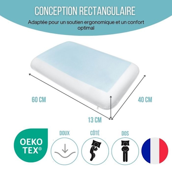 Ergonomiskt minnesskumkudde med kylande gel, 60x40x13 cm, vit - Inphysio