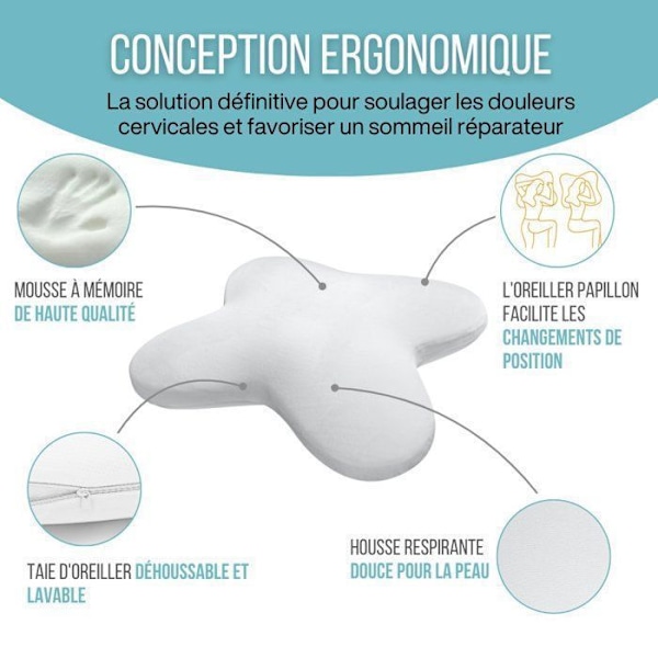 Ergonomisk Butterfly Pude i Memory Skum med Kølende Gel - Dobbeltsidet - Multipositioner - 53x43x12 cm - Hvid