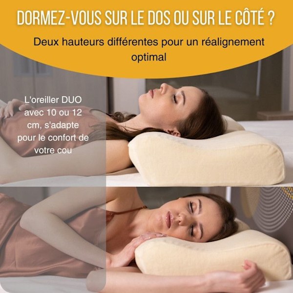 Ergonomisk DUO kudde av minnesskum, justerbar 10 eller 12 cm, hypoallergenisk 1x fodral i vit bambu, 1x fodral i bomull