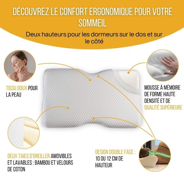 Ergonomisk DUO kudde av minnesskum, justerbar 10 eller 12 cm, hypoallergenisk 1x fodral i vit bambu, 1x fodral i bomull