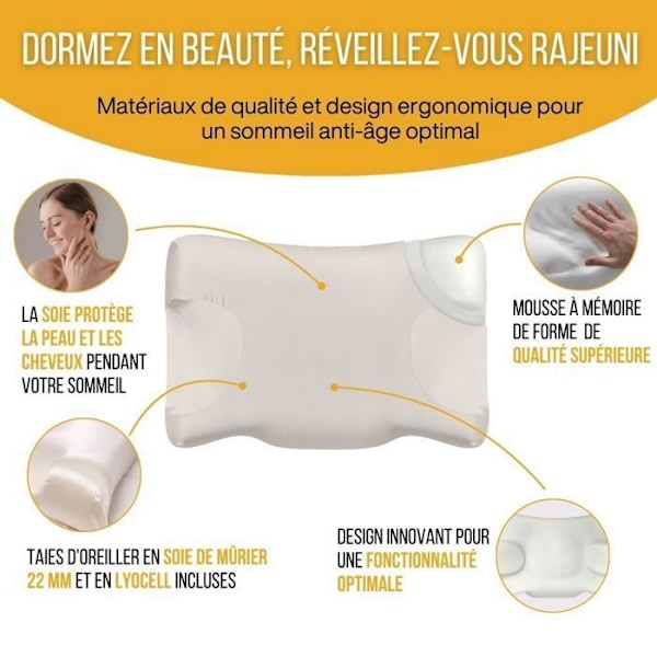Anti-rynkor och anti-aging kuddar - Inphysio - 58x37x9/11 cm - 100% silke - hypoallergenisk - mjuk komfort Vit