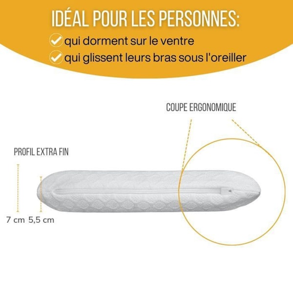 Inphysio® Extra Fladt Pude til mave-sovende - Hypoallergenisk Husrmænds - Anti-Smerte - 50x30x5,5 cm - Hvid