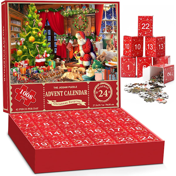 Jigsaw Puzzle Advent Calendar 2024 - 1008 Piece Jigsaw Puzzle for Adults and Kids, 24 Day Countdown Calendar, Santa's Surprise