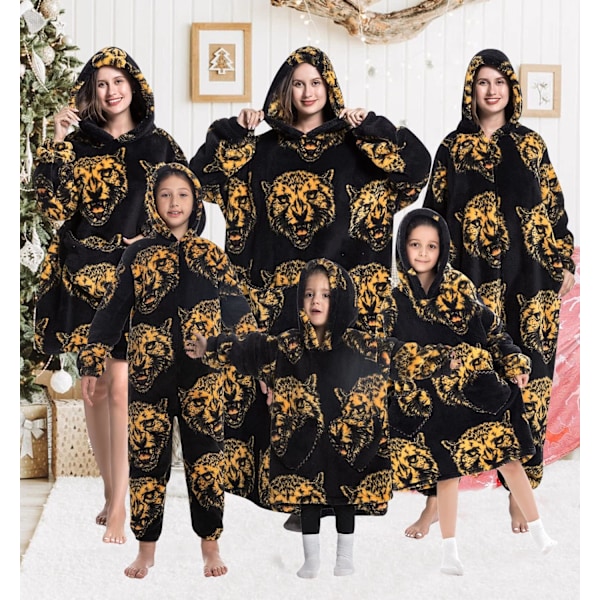 Unisex Filtgenserhette, Vintervarm Myk Oversized Sherpa Hettegenser Brukbar Filt Badekåpe Nattkjole, Leopard, One Size