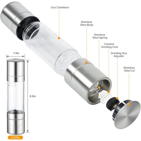 Havssalt- och pepparkvarn, rostfritt st?l 2 i 1 dubbla kamrar, kryddkvarn Kryddor med justerbar grovhet