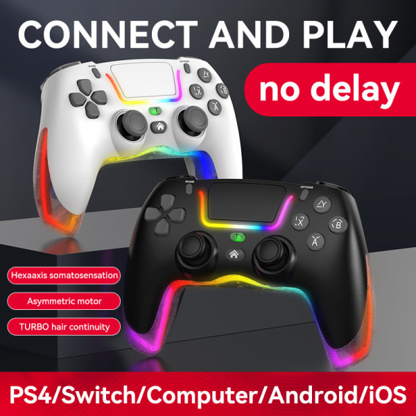 Kontroll för PS4/Slim/ Pro/Nintendo Switch/PC, Cool RGB-spelplatta med dubbla vibrations-/rörelsesensor/9 justerbara LED-färger/TURBO/programknappar svart